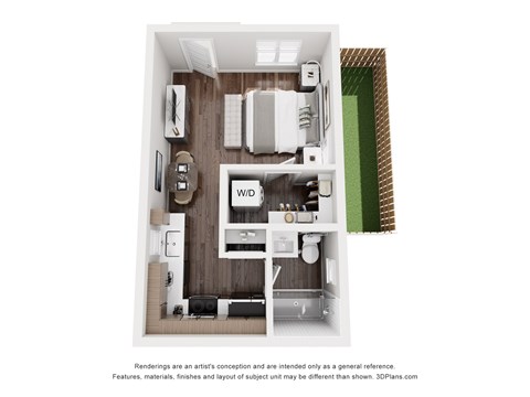 A 3D floor plan of a small apartment with a kitchen, living room, and bathroom.